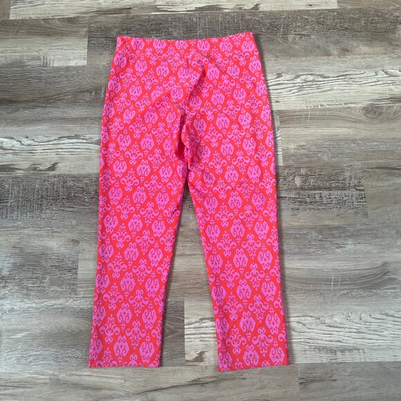 Jude Connally Leggings Pink Red Damask Print Cropped Stretch Pull-On Retro - Picture 3 of 8